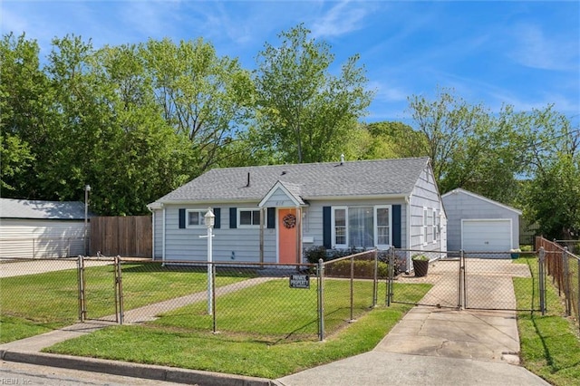 view of front of home featuring concrete driveway, a gate, a garage, a front yard, and a fenced front yard