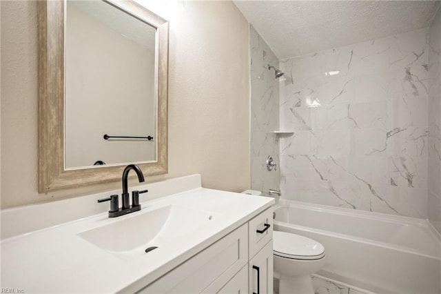 bathroom with a textured ceiling, toilet, shower / bath combination, a textured wall, and vanity