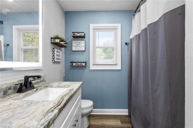 bathroom featuring wood finished floors, a wealth of natural light, toilet, and vanity