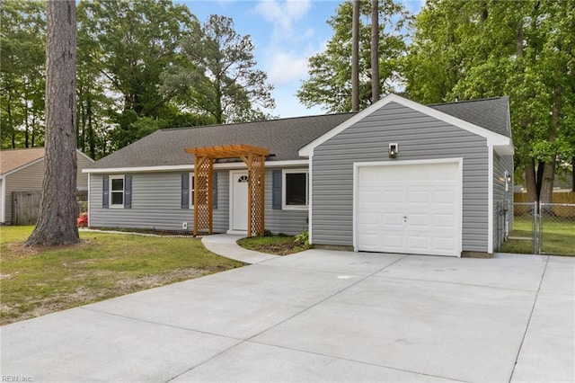 single story home featuring concrete driveway, a shingled roof, an attached garage, fence, and a front yard