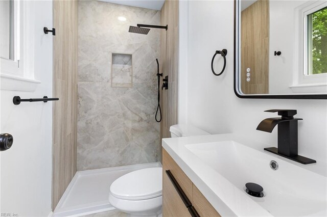 bathroom with toilet, vanity, and a shower