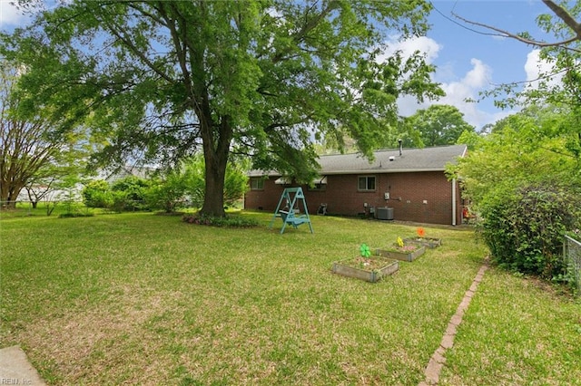 view of yard featuring a vegetable garden and central AC unit