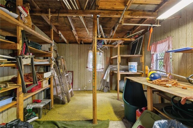 basement featuring wooden walls, carpet floors, and a workshop area