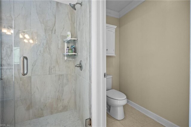 4011 E Providence Rd, Williamsburg, VA 23188 - full bath featuring tile patterned floors, a marble finish shower, ornamental molding, and toilet