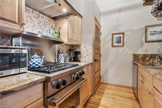 kitchen featuring light wood-style flooring, light stone countertops, custom exhaust hood, and stainless steel appliances
