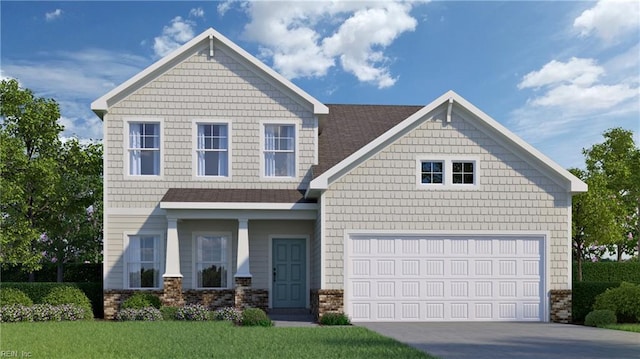 view of front of home featuring a garage, a shingled roof, a front lawn, and driveway