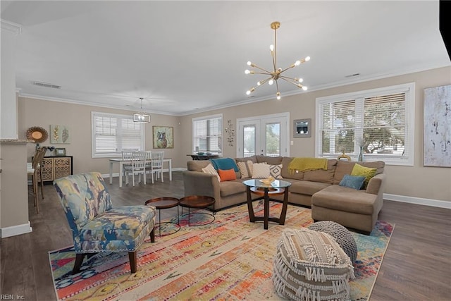 9520 14th Bay St, Norfolk, VA 23518 - living area featuring baseboards, visible vents, a chandelier, wood finished floors, and ornamental molding