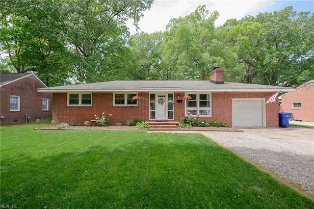 ranch-style home with an attached garage, a chimney, brick siding, and concrete driveway
