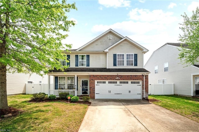 view of front of property featuring brick siding, an attached garage, concrete driveway, and covered porch