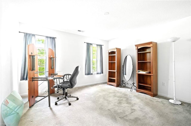 office space featuring carpet, a wealth of natural light, baseboards, and visible vents