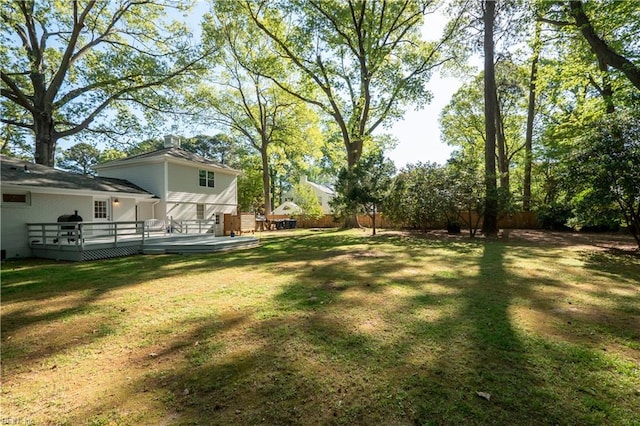 view of yard featuring a wooden deck and a fenced backyard