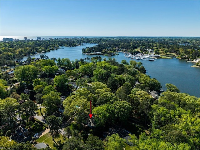 drone / aerial view featuring a water view