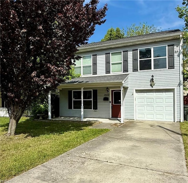 3605 Shell Rd, Hampton, VA 23661 - traditional home featuring driveway, a front lawn, a porch, and an attached garage