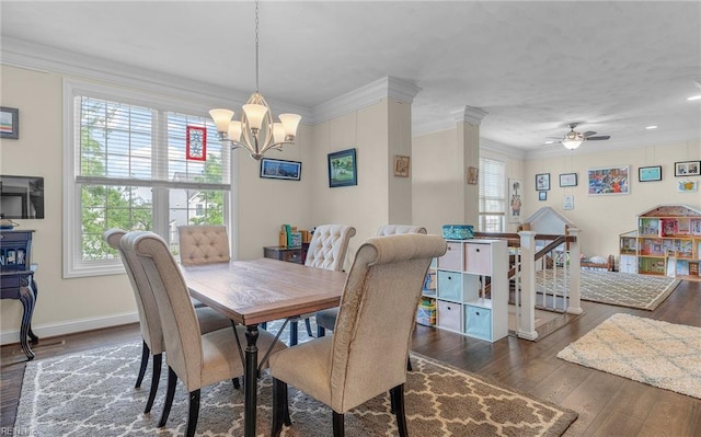 dining area with recessed lighting, wood finished floors, crown molding, baseboards, and ceiling fan with notable chandelier