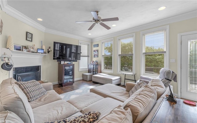 living room with plenty of natural light and ornamental molding