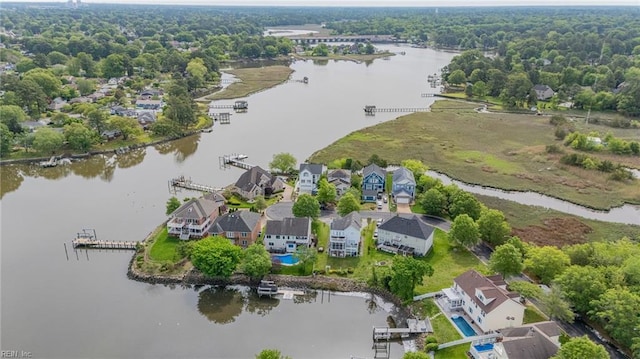 aerial view with a residential view and a water view