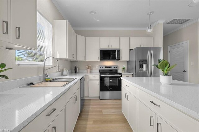 kitchen featuring white cabinetry, crown molding, stainless steel appliances, and a sink