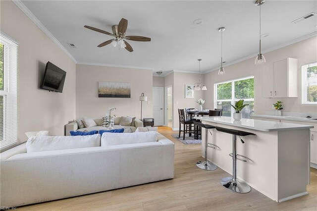 living area featuring a ceiling fan, ornamental molding, visible vents, and light wood-type flooring