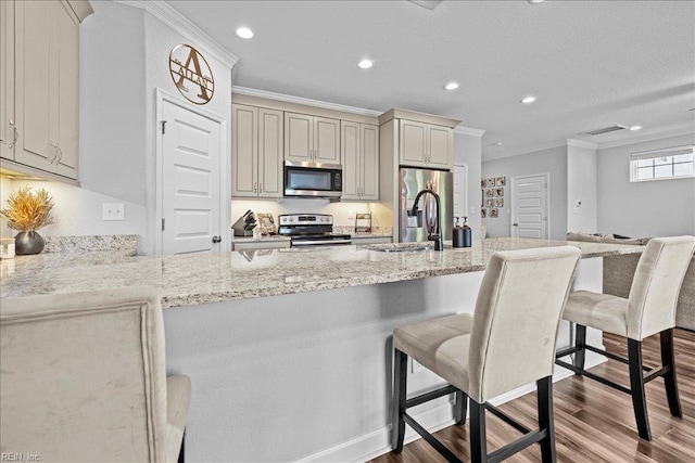 kitchen with crown molding, stainless steel appliances, recessed lighting, and dark wood-style flooring