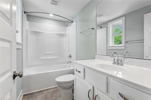 full bathroom with visible vents, toilet, shower / bath combination, and vanity