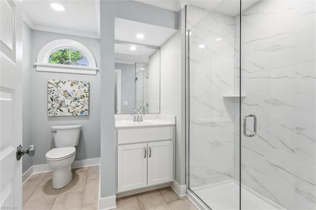 full bathroom featuring baseboards, a marble finish shower, toilet, recessed lighting, and vanity