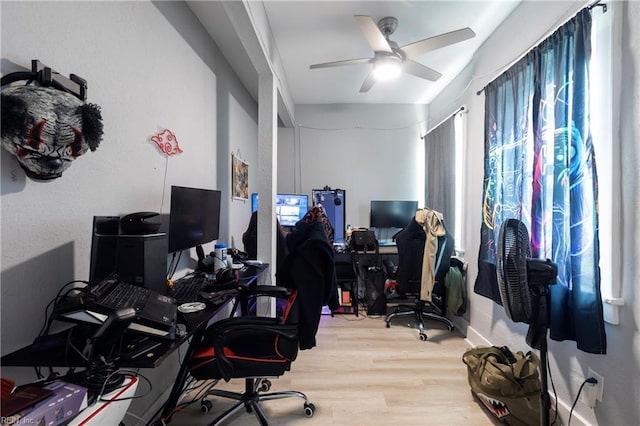 home office featuring ceiling fan and wood finished floors
