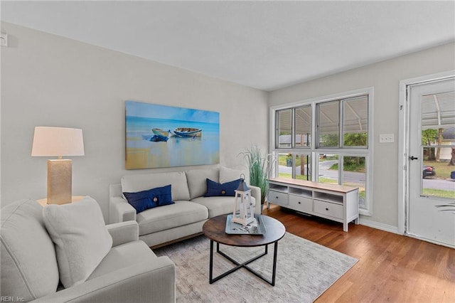 living room with baseboards and wood finished floors