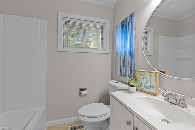 full bathroom with crown molding, visible vents, baseboards, toilet, and vanity