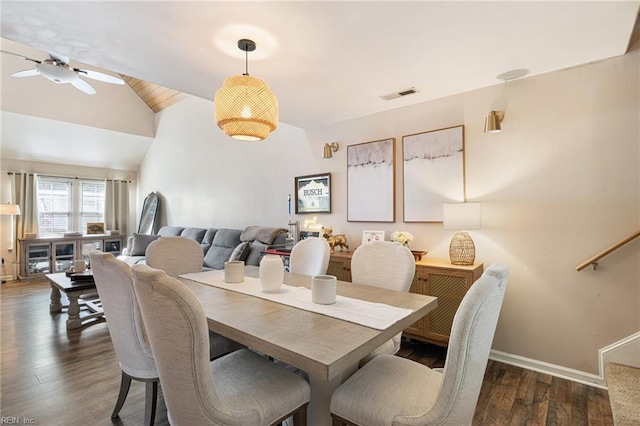5081 Gatehouse Way, Virginia Beach, VA 23455 - dining room featuring lofted ceiling, a ceiling fan, visible vents, baseboards, and wood finished floors