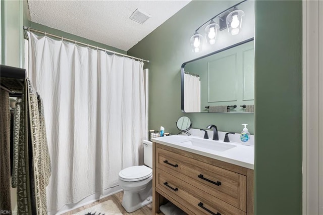 5081 Gatehouse Way, Virginia Beach, VA 23455 - bathroom with a textured ceiling, visible vents, a shower with shower curtain, toilet, and vanity