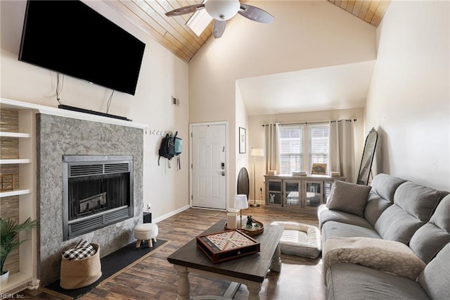 5081 Gatehouse Way, Virginia Beach, VA 23455 - living area featuring wood finished floors, a ceiling fan, a fireplace, and wood ceiling