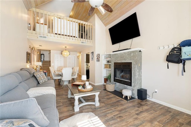 5081 Gatehouse Way, Virginia Beach, VA 23455 - living area with wood ceiling, baseboards, wood finished floors, a ceiling fan, and high vaulted ceiling