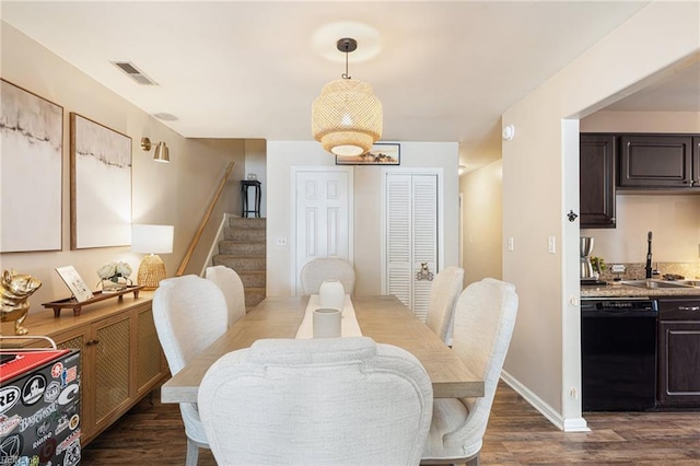 5081 Gatehouse Way, Virginia Beach, VA 23455 - dining room with visible vents, baseboards, dark wood finished floors, and stairs