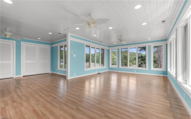 unfurnished living room with recessed lighting, ceiling fan, baseboards, and light wood-style floors