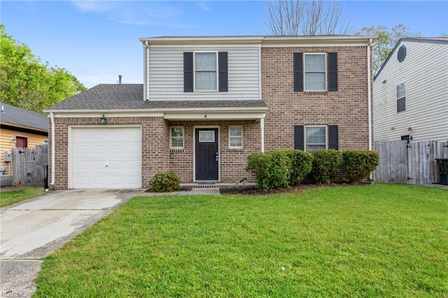 traditional home with a front lawn, driveway, and fence