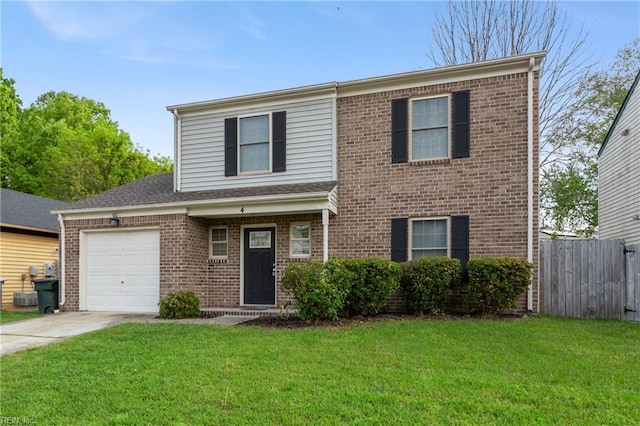 traditional-style home with concrete driveway, a front yard, an attached garage, fence, and brick siding