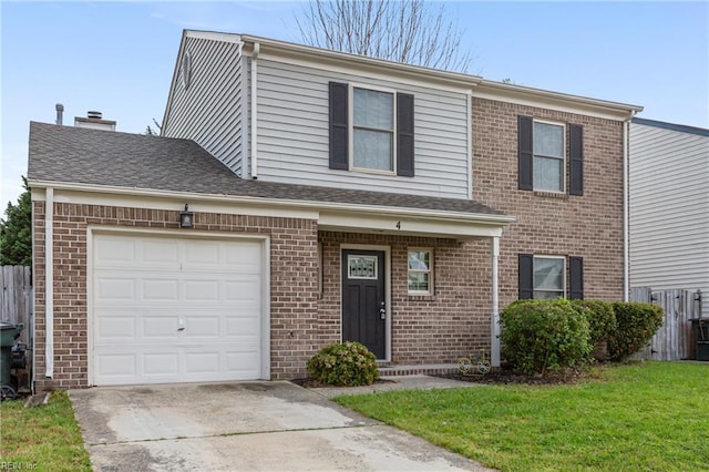 traditional home featuring concrete driveway, a front lawn, an attached garage, and brick siding