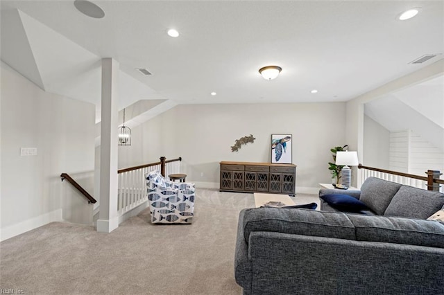living room featuring visible vents, carpet, and recessed lighting