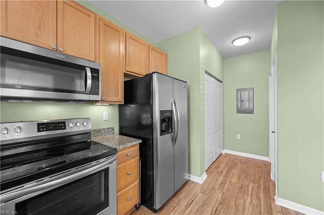 kitchen featuring baseboards, light wood-style flooring, appliances with stainless steel finishes, and electric panel
