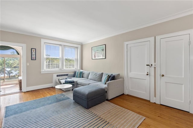 living area with baseboards, crown molding, and light wood finished floors