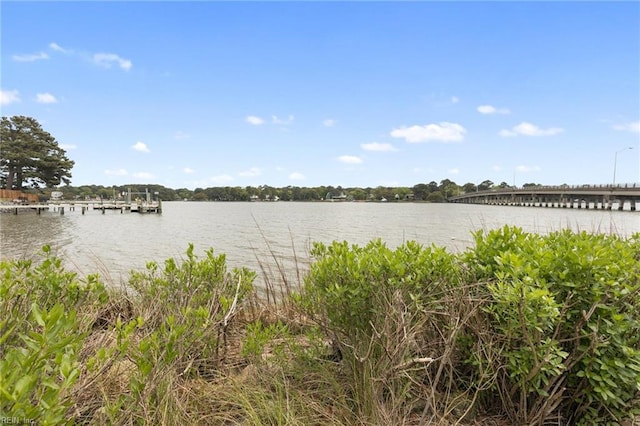 view of water feature with a boat dock