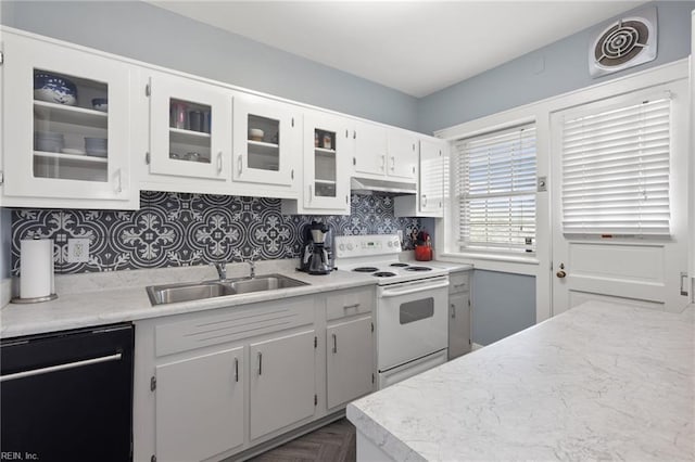 kitchen with under cabinet range hood, light countertops, dishwasher, a sink, and white electric range oven