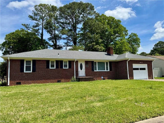ranch-style house with brick siding, crawl space, a front lawn, and a garage