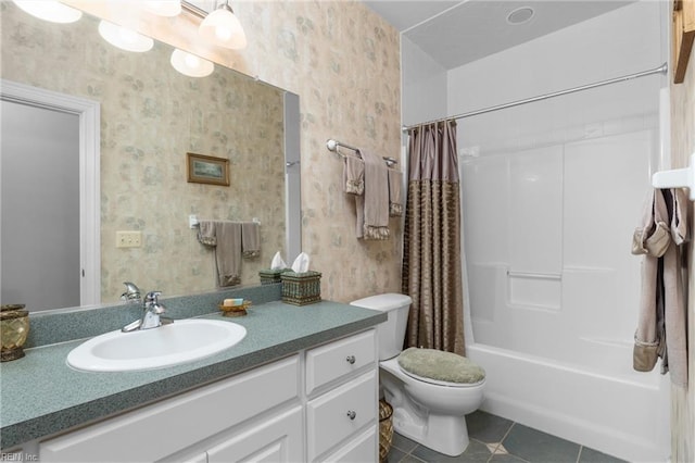 full bathroom with shower / bath combo, wallpapered walls, toilet, tile patterned floors, and vanity
