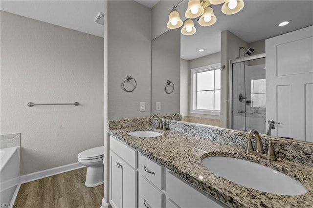 full bath featuring a shower stall, wood finished floors, a notable chandelier, and a sink