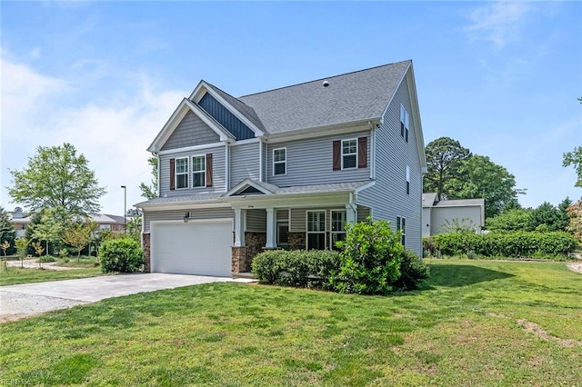 craftsman-style home with a garage, covered porch, driveway, and a front yard