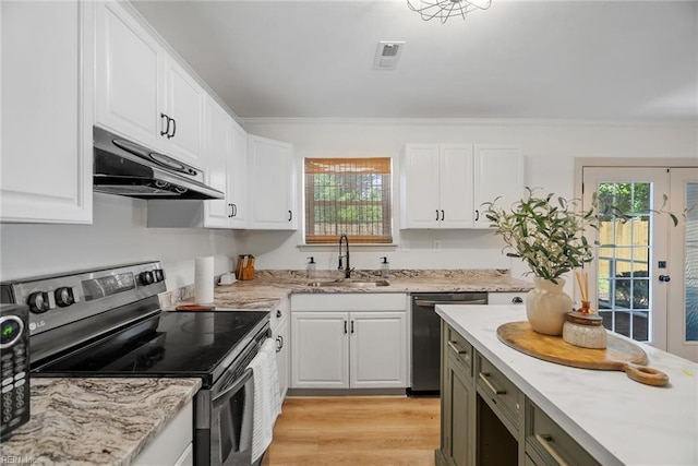 kitchen featuring under cabinet range hood, white cabinets, appliances with stainless steel finishes, and a sink