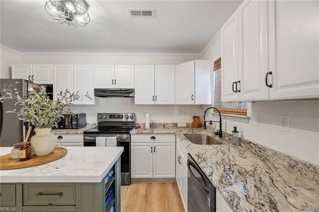 kitchen featuring a sink, white cabinets, appliances with stainless steel finishes, and under cabinet range hood