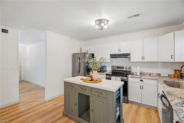 kitchen featuring visible vents, appliances with stainless steel finishes, under cabinet range hood, and white cabinetry
