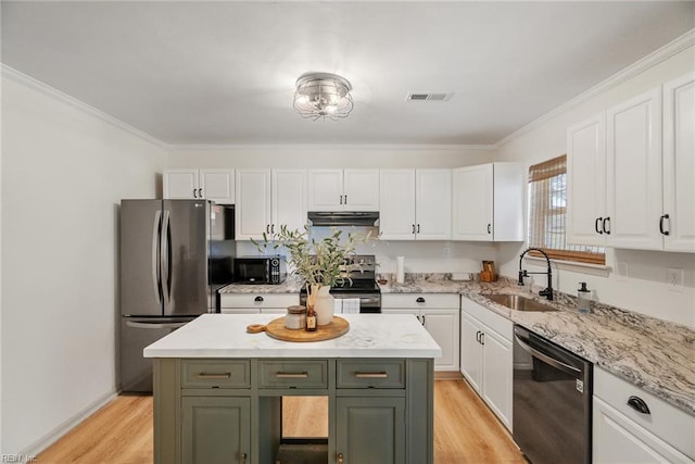 kitchen with white cabinetry, a sink, visible vents, stainless steel appliances, and under cabinet range hood